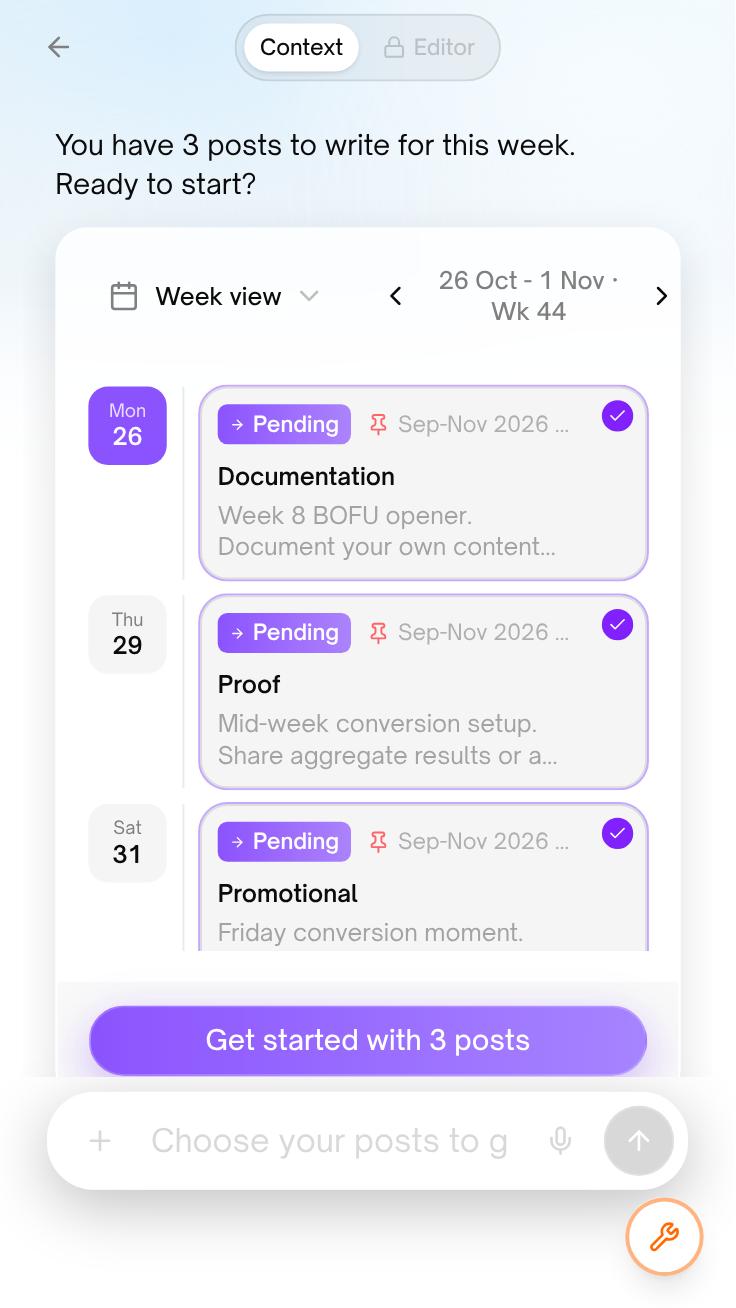 The app on a phone: “You have 3 posts to write for this week”, a week view with Documentation on Monday, Proof on Thursday and Promotional on Saturday, all pending, and a button “Get started with 3 posts”.
