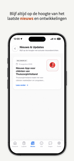 The news screen with one item, dated 13 August 2026, announcing the new app for clients.