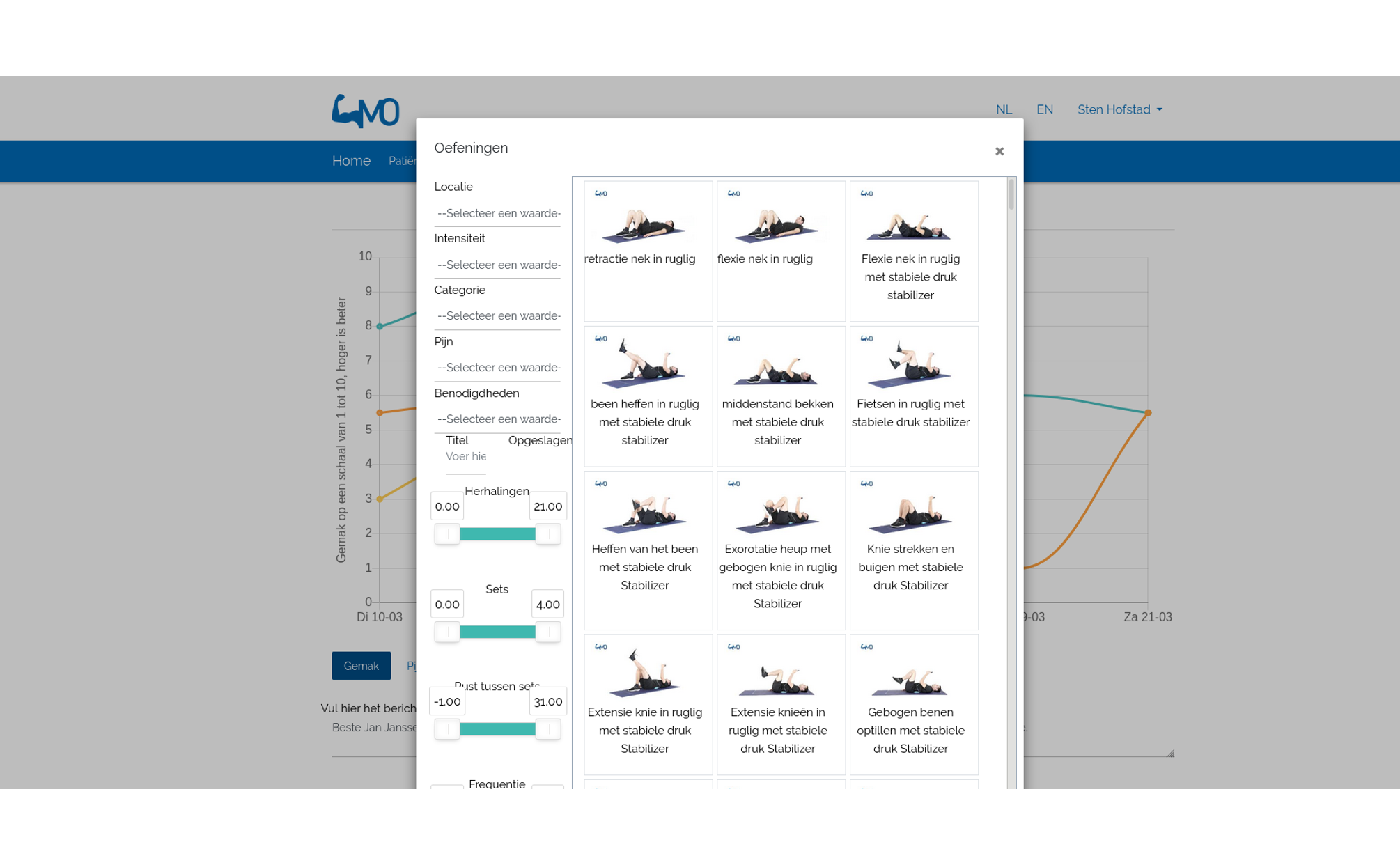 The exercise picker as a modal over the patient page: filters for location, intensity, category, pain and equipment, sliders for repetitions, sets and rest, and a grid of exercise thumbnails.