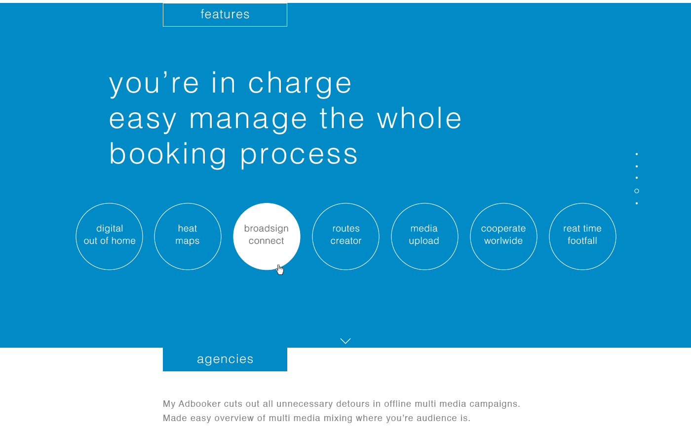 The features section on a blue ground: “you’re in charge, easy manage the whole booking process” and seven circles reading digital out of home, heat maps, broadsign connect, routes creator, media upload, cooperate worldwide and real time footfall.