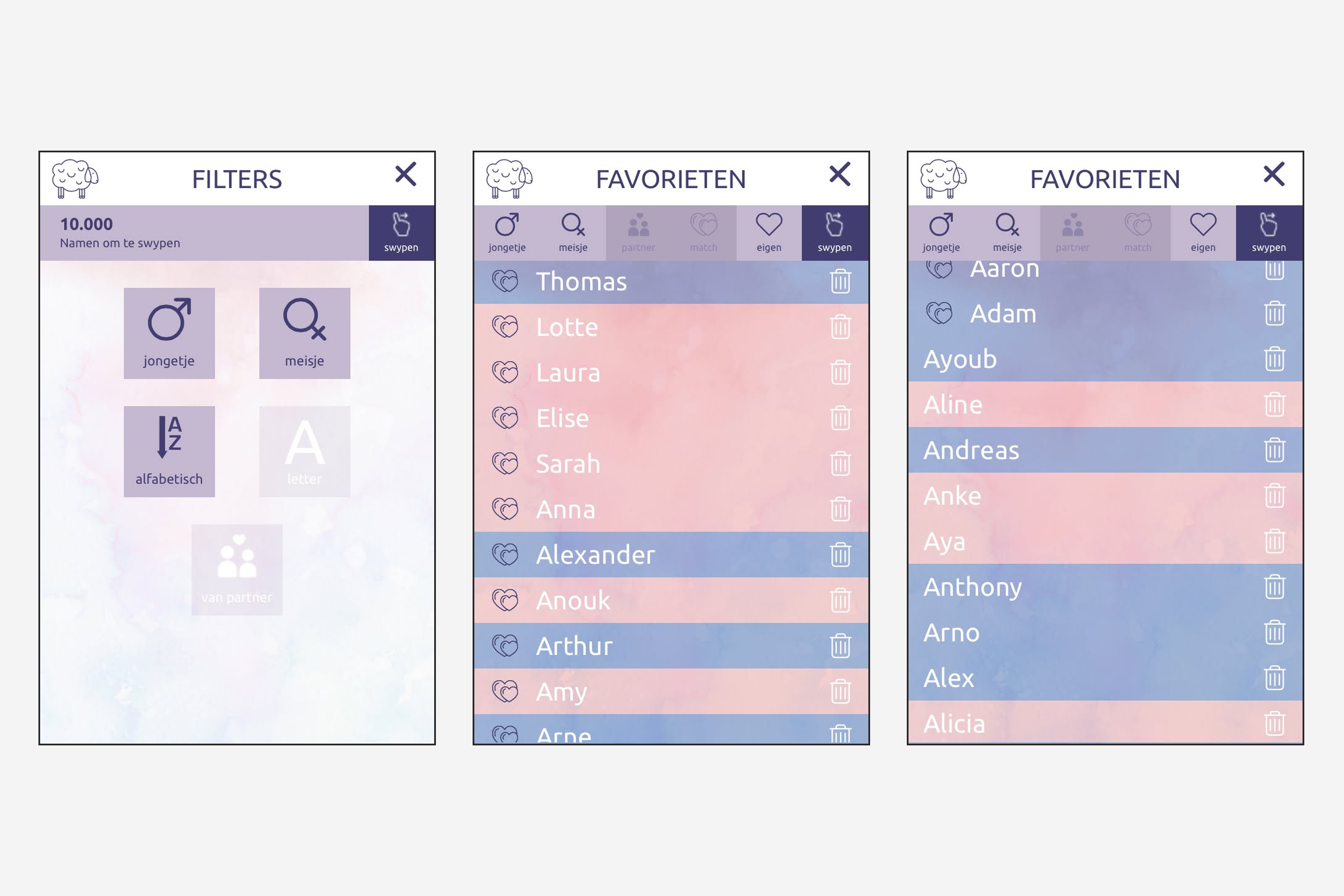 Three phone screens: the filters screen with 10.000 names to swipe and buttons for boy, girl, alphabetical, letter and from partner; the favourites list on the match tab, every name with a double heart and a bin icon; and the favourites list on the own tab, where Aaron and Adam carry the double heart and the rest do not.