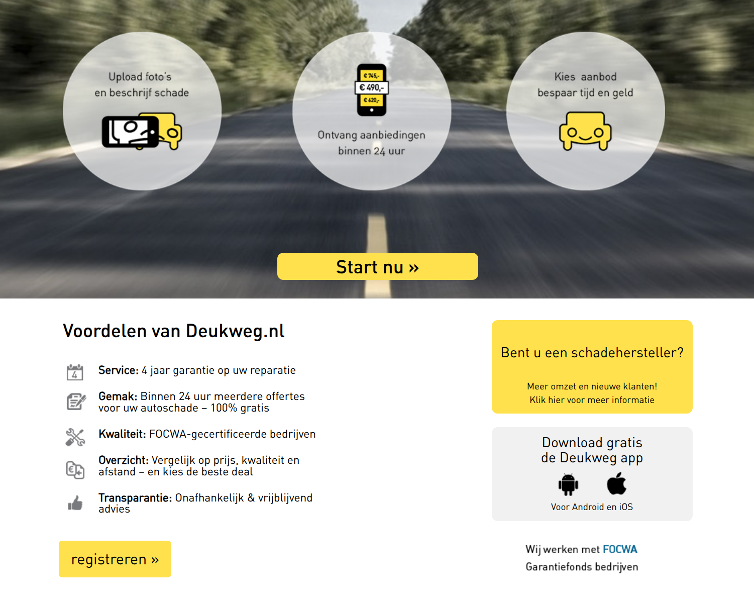 The Deukweg.nl front page: a blurred road with three circles reading Upload photos and describe damage, Receive offers within 24 hours, Choose an offer and save time and money, a yellow Start now button, a list of five benefits, a yellow box asking Are you a repair shop, a download box with Android and Apple logos, and the FOCWA guarantee fund mark.