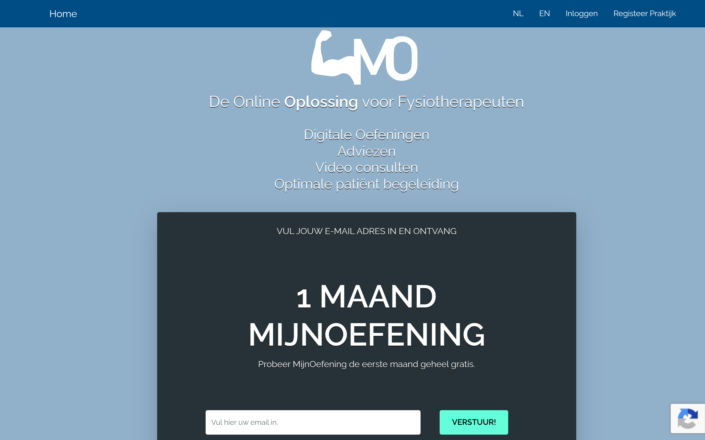 The front page of mijnoefening.nl: the MO logo, the line “De Online Oplossing voor Fysiotherapeuten”, and a dark box offering one month free for an e-mail address.