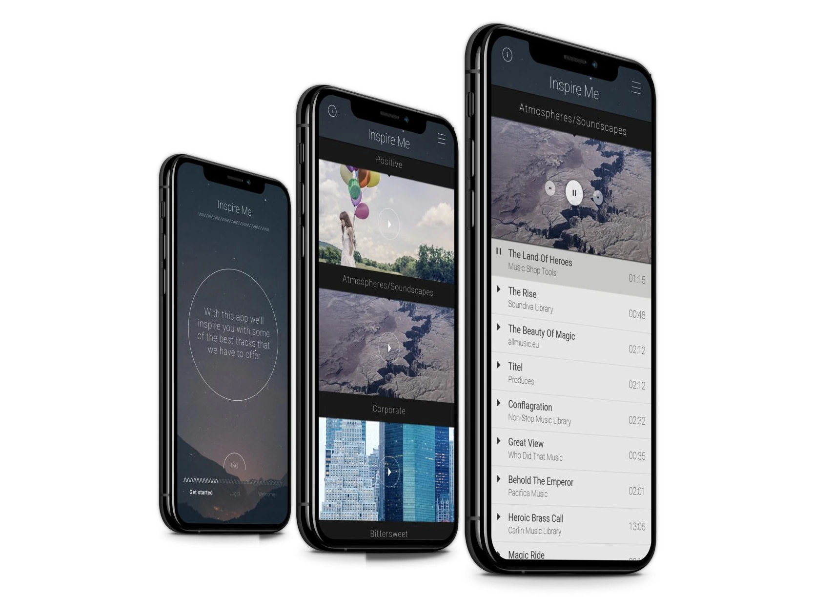 Three iPhones showing the InspireMe app: a welcome screen with the text With this app we will inspire you with some of the best tracks that we have to offer and a Go button; a list of mood categories with photographs, Positive, Atmospheres/Soundscapes, Corporate and Bittersweet; and a track list under Atmospheres/Soundscapes with titles, library names and durations, The Land Of Heroes playing.