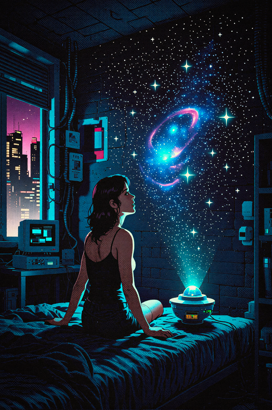 Retrofuturistic illustration: a dark-haired woman sitting on a bed in a dim industrial room watches a small spherical projector casting a starry sky with a neon-blue galaxy onto the wall. To the left is a window with a twilight cityscape and, below it, a retro computer; cables, panels, and exposed brick complete the setting.