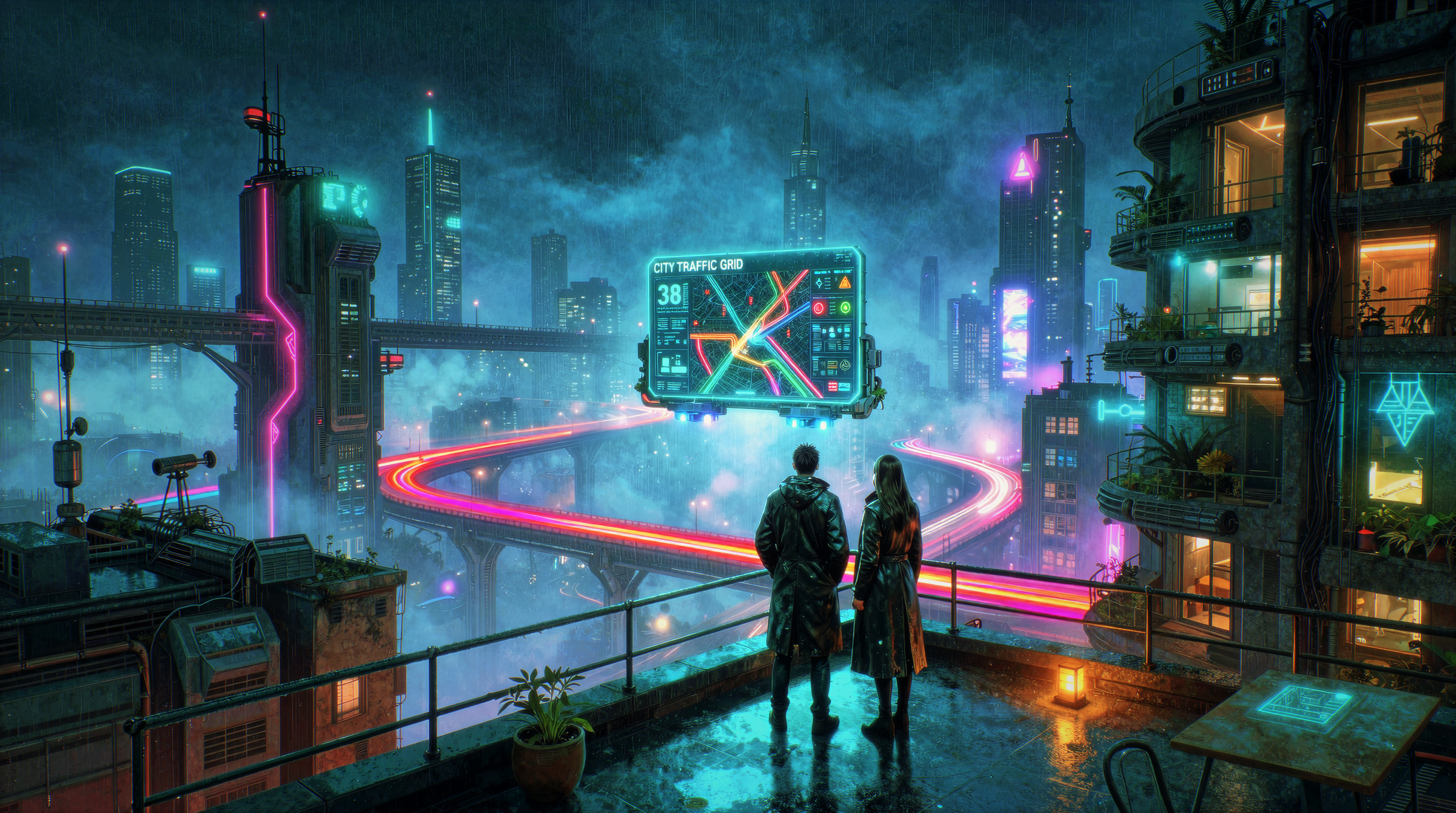 Ilustración digital cyberpunk de dos personas con abrigos oscuros, de pie en un balcón empapado por la lluvia y contemplando una ciudad futurista de noche. Rascacielos iluminados con neones azules, verdes y rosas rodean autopistas elevadas con brillantes estelas de luces de tráfico. En el centro, una pantalla holográfica flotante muestra el texto «City Traffic Grid 38» y un colorido mapa del tráfico. A la derecha, un rascacielos residencial presenta ventanas iluminadas, plantas y letreros de neón, mientras la lluvia intensa y la niebla cubren el horizonte urbano.
