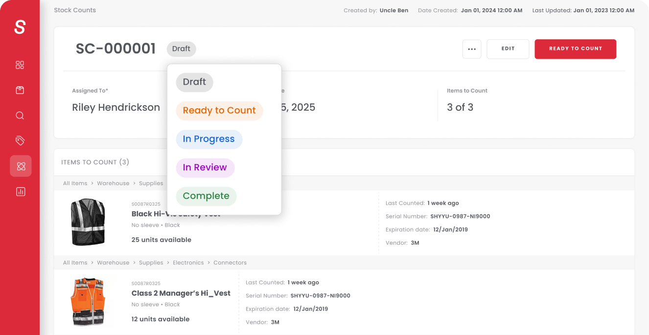 Stock Counts home — every count, status, and discrepancy at a glance