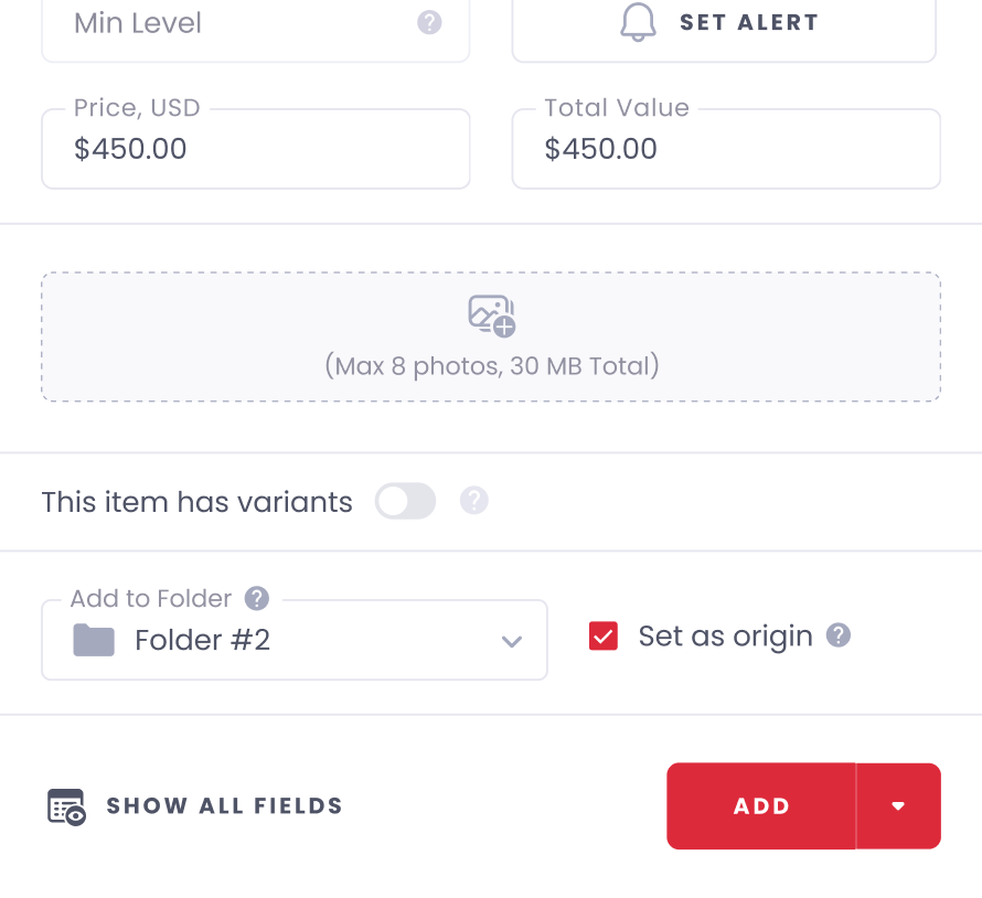 Integrated origin setting within the item creation flow, where it's most accessible.