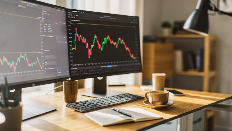 Trader's desk with candlestick charts on two monitors