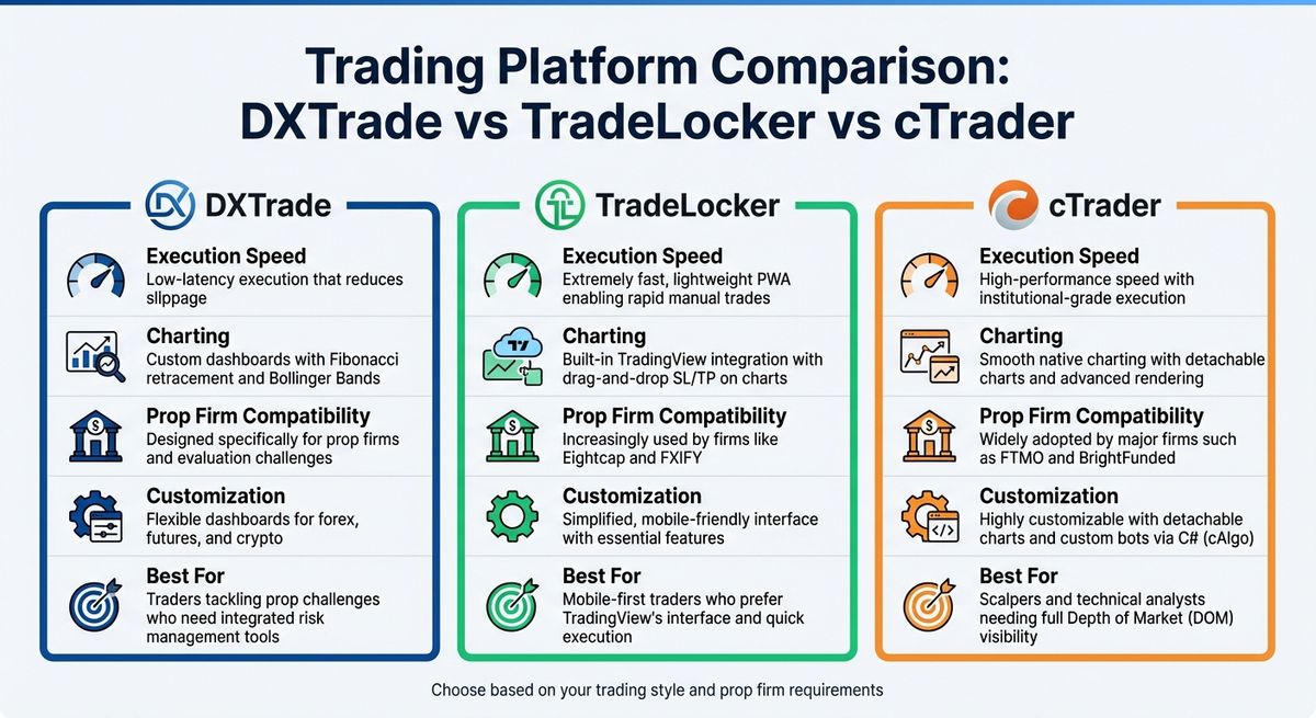 Comparación de plataformas DXTrade vs TradeLocker vs cTrader para traders funded