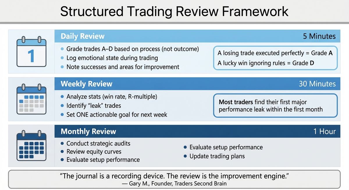 Trading Review Framework: Daily, Weekly, and Monthly Review Schedule for Prop Traders
