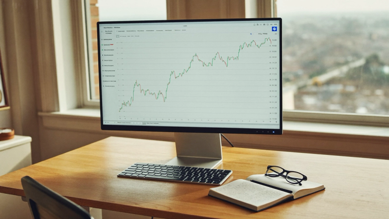 Clean desk with a monitor showing an upward trending chart