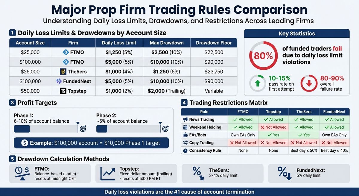 Comparación de Reglas de Trading de Prop Firms: FTMO vs Topstep vs The5ers vs FundedNext