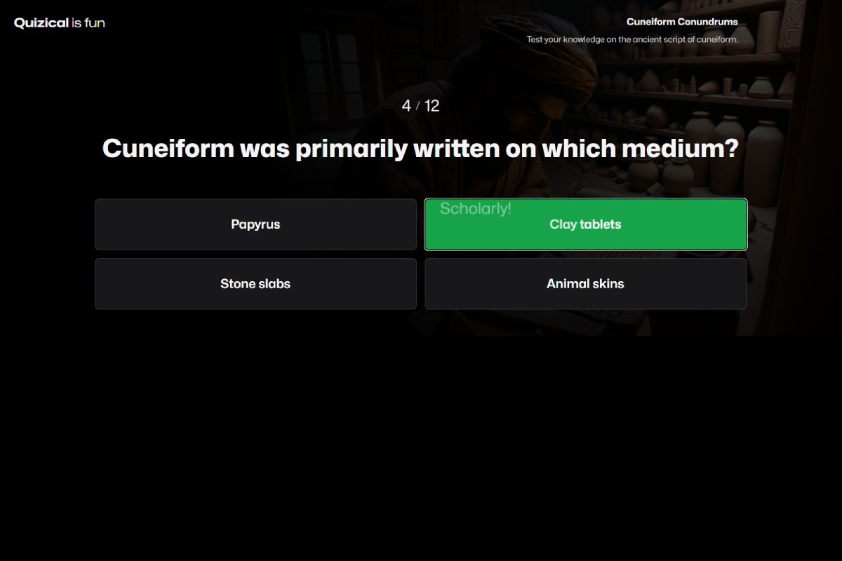 A quiz page with the title "Cuneiform was primarily written on which medium?", below there are four options: Papyrus, clay tablets, stone slabs and animal skins. "Clay tablets" is selected and marked as green for correct.