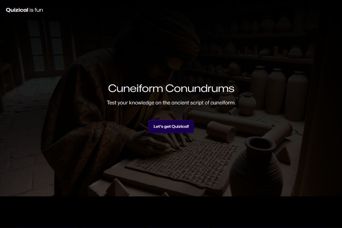 A webpage with the title "Cuineiform Conundrums". Below there is a button labelled "Let's get Quizical".