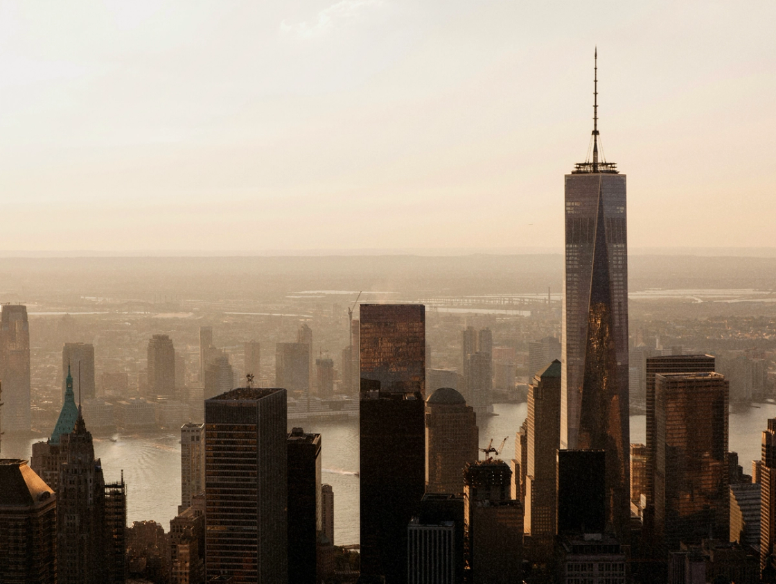 A scene of an urban skyline of a city.