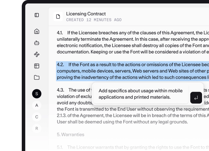 Licensing contract document with section 4.2 highlighted, containing legal text about font usage. A comment box suggests adding language on usage in mobile apps and printed materials.