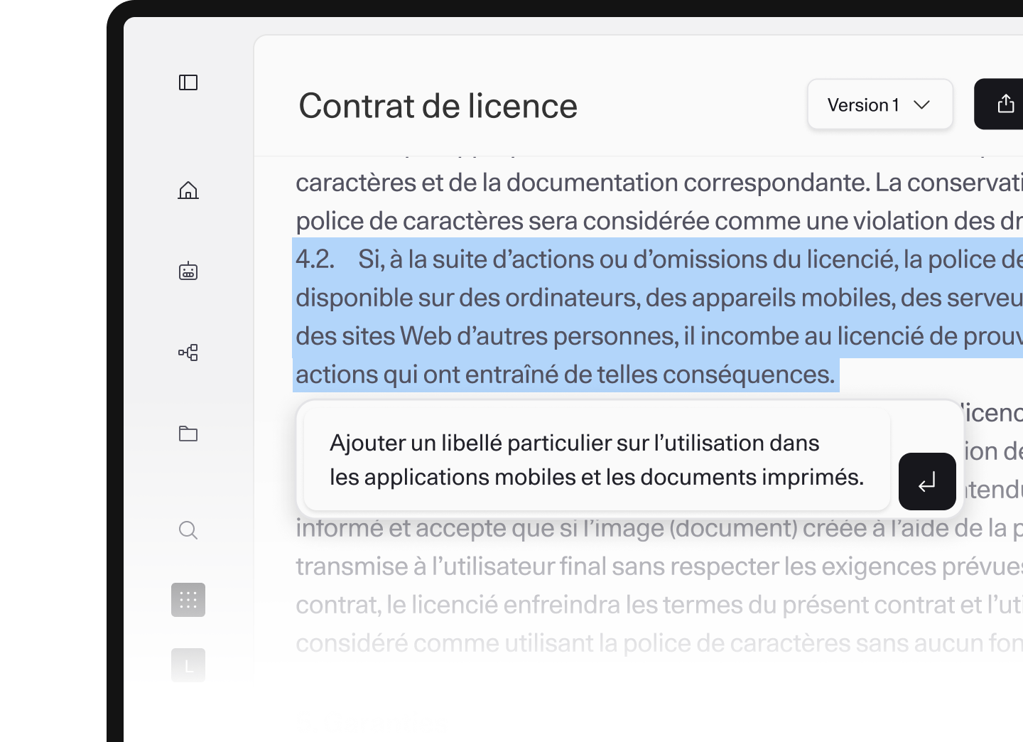 Document de contrat de licence avec le paragraphe 4.2 en surbrillance, contenant du texte juridique sur l'utilisation des polices. Une boîte de commentaires suggère d'ajouter du texte sur l'utilisation dans les applications mobiles et les documents imprimés.