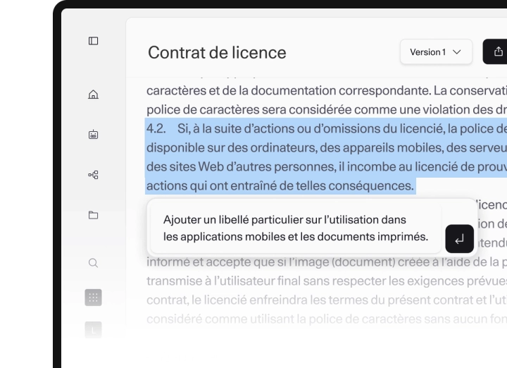 Licensing contract document with section 4.2 highlighted, containing legal text about font usage. A comment box suggests adding language on usage in mobile apps and printed materials.