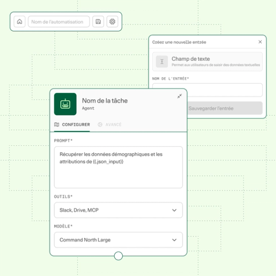 Écran de création d'agents avec des champs pour nommer l'agent, ajouter une description et sélectionner un modèle.