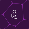 Abstract background with purple hues, featuring a minimalist white person with a heart icon in the center