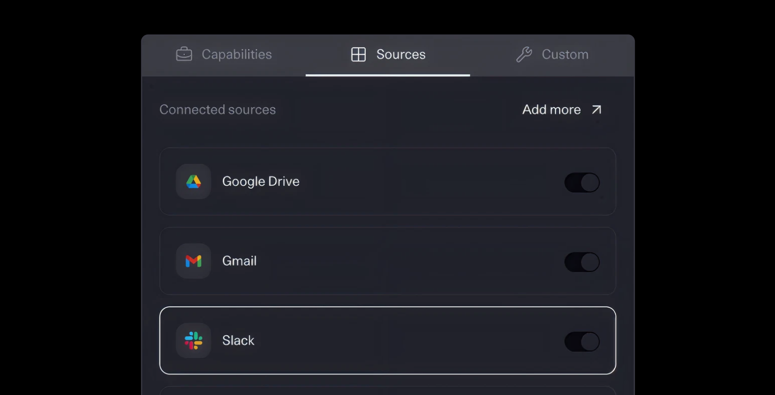 Google Drive·Gmail·Slack을 연결한 North Sources 화면