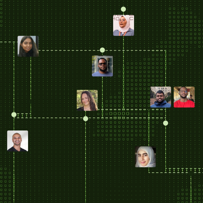 Collage of diverse people’s profile photos connected by dotted lines on a dark green digital background resembling data streams or circuitry, representing a connected global network.