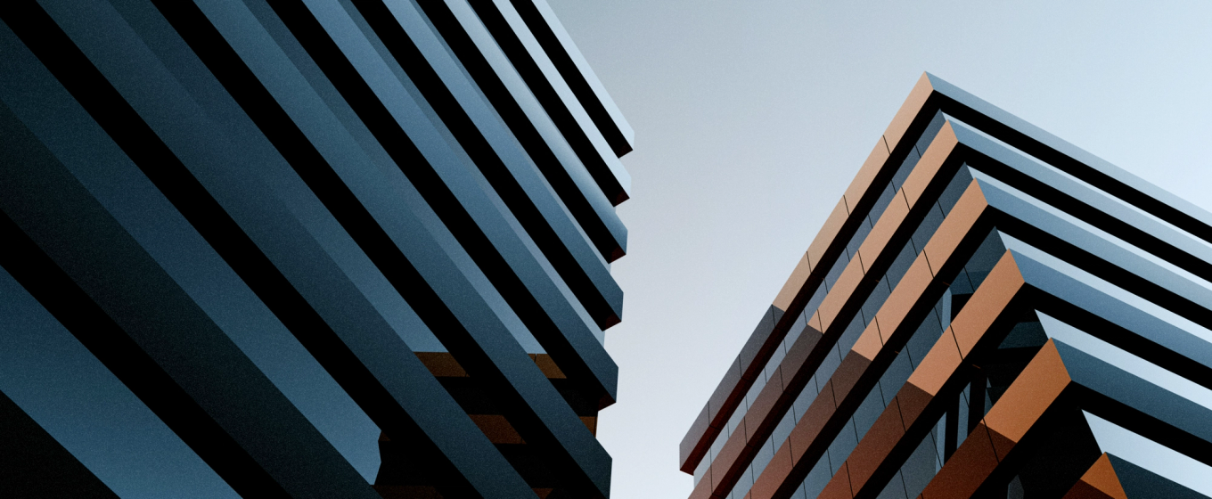 View of a cityscape through a ferry window, showcasing tall modern skyscrapers against a blue sky. The scene feels dynamic and urban.