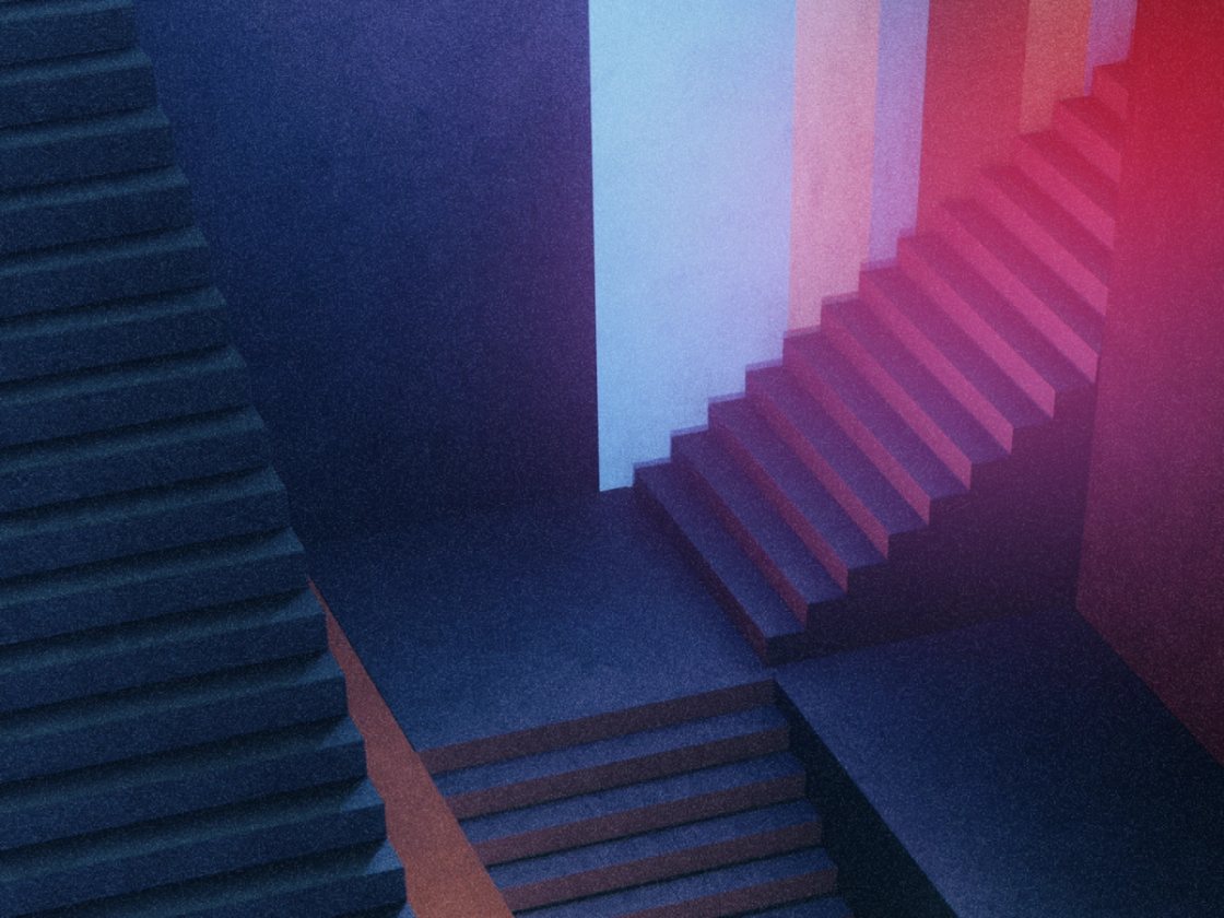 Abstract image of an Escher-like staircase in hues of pink, blue, and purple