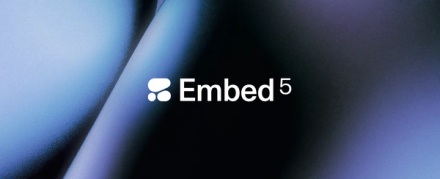 Embed 5 logo on an abstract blue and black background.