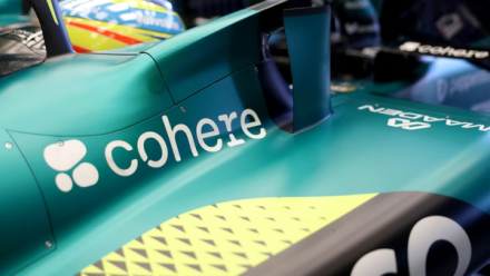 AMR26 Car with Cohere Branding: Aston Martin AMR26 Formula One car featuring Cohere branding on chassis and front wing mirrors