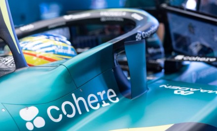 AMR26 Car with Cohere Branding: Aston Martin AMR26 Formula One car featuring Cohere branding on chassis and front wing mirrors