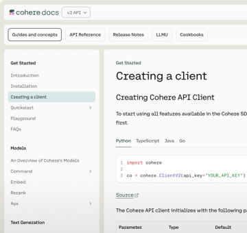Cohere developer documentation page showing instructions for creating a client using the Cohere API. The sidebar includes navigation links like "Introduction," "Creating a client," and model overviews for Command, Embed, and Rerank. The main panel displays sample Python code for initializing the API client.