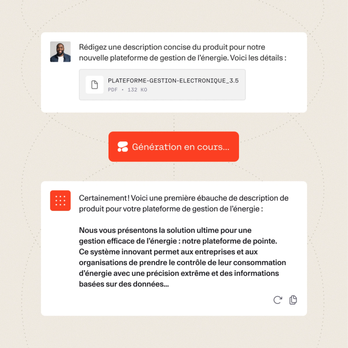 Illustration of Command interface generating a product description. The top section shows a user request with an attached PDF titled “E-MANAGE-PLATFORM_2.5,” followed by a “GENERATING” indicator. The bottom section displays the AI’s draft description for an energy management platform, highlighting features like efficiency, data-driven insights, and precise energy control.