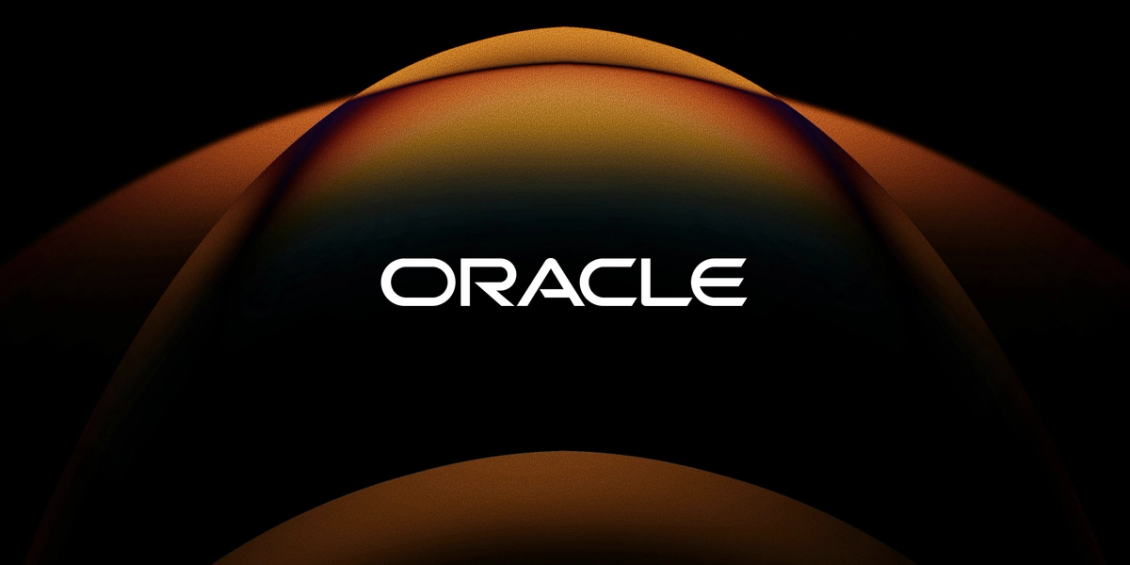 Dark abstract background with layered orange and gold arcs, featuring the Oracle logo centered in white.