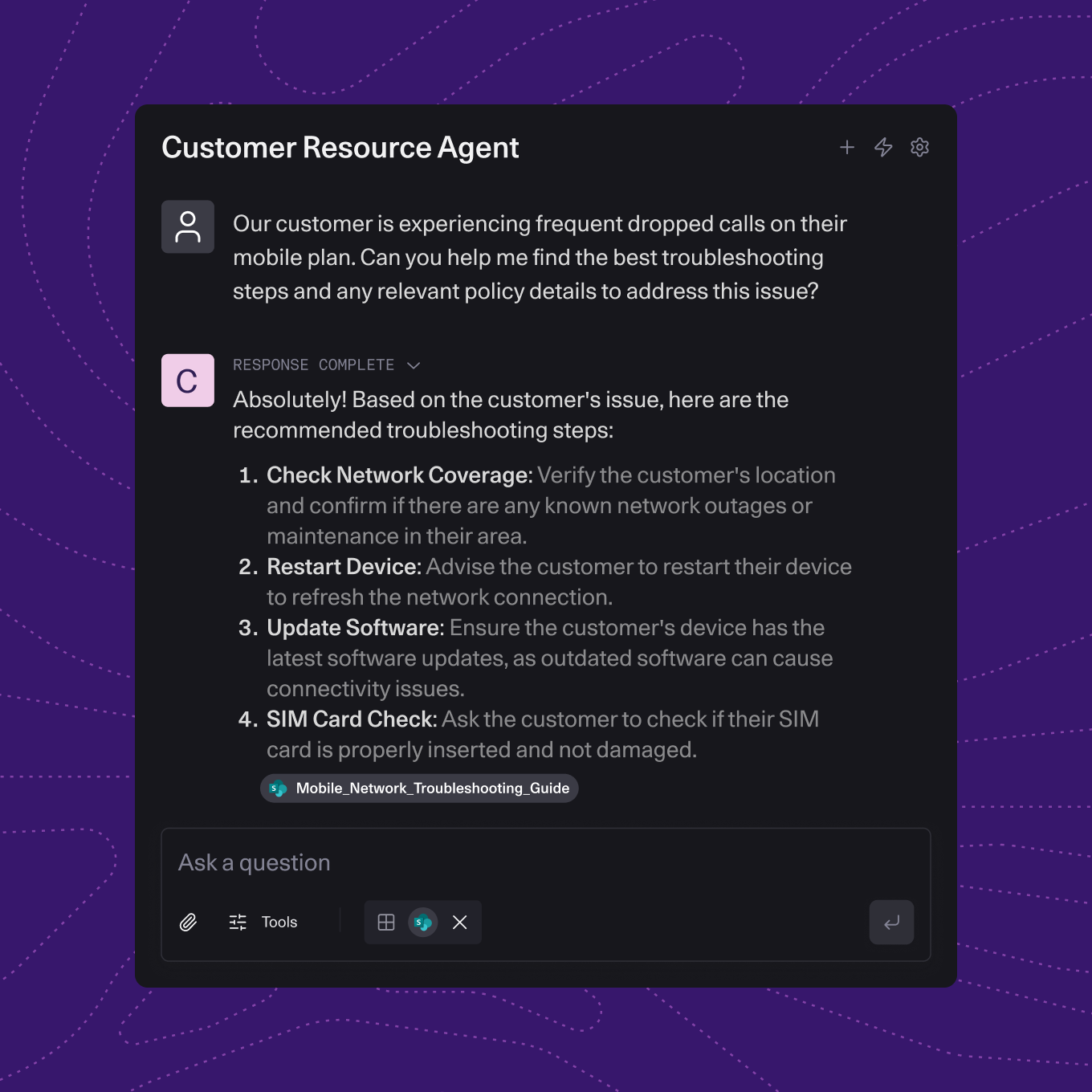 User interface for a “Customer Resource Agent” showing a support query about frequent dropped mobile calls and a generated response listing troubleshooting steps such as checking coverage, restarting the device, updating software, and inspecting the SIM card.