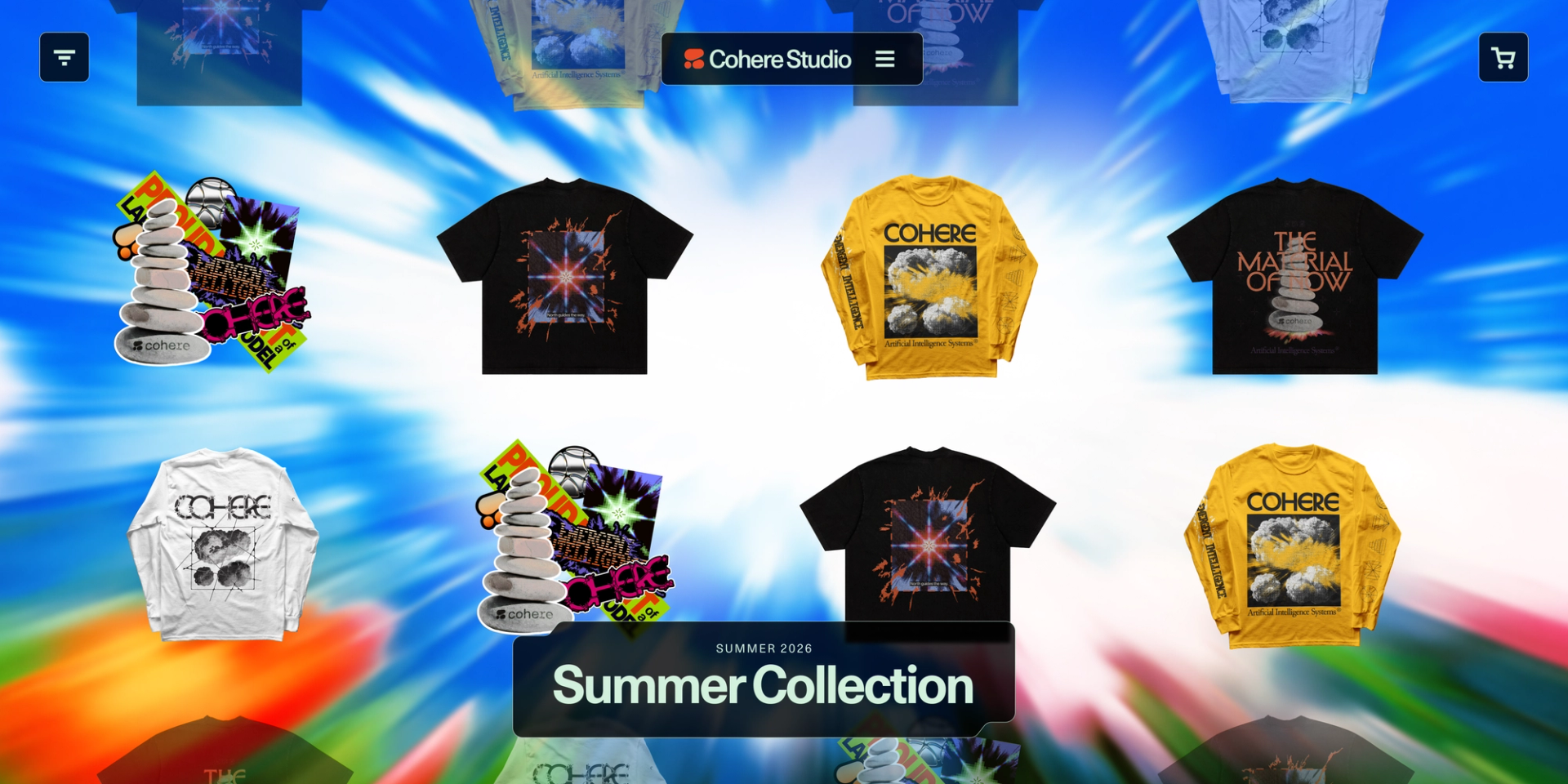 Screenshot of the Cohere Merch store featuring images of branded shirts