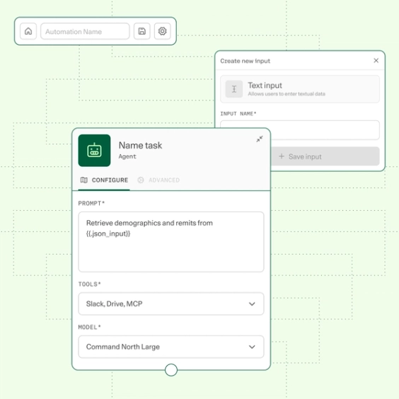 Agent creation screen with fields to name the agent, add a description, and select a model.