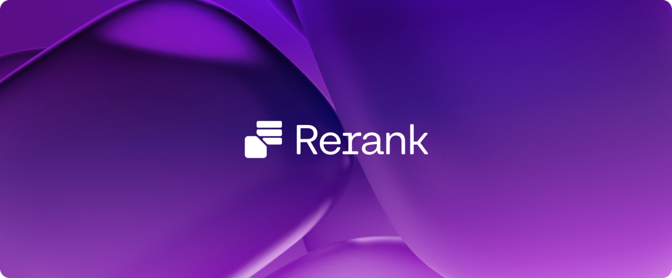 Rerank logo and text centered on a purple abstract background with smooth, rounded shapes.
