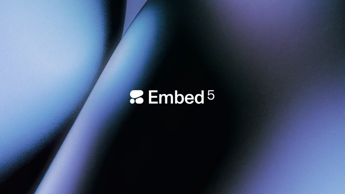 Embed 5 logo on an abstract blue and black background.