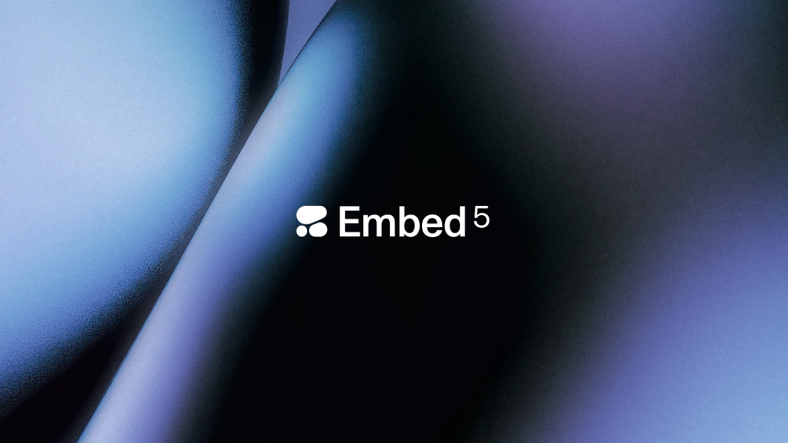 Embed 5 logo on an abstract blue and black background.