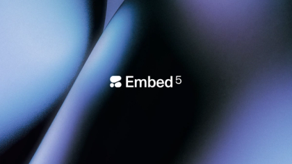 Embed 5 logo on an abstract blue and black background.