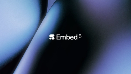 Embed 5 logo on an abstract blue and black background.