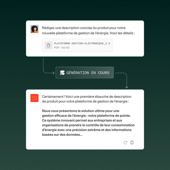 Illustration of Command interface generating a product description. The top section shows a user request with an attached PDF titled “E-MANAGE-PLATFORM_2.5,” followed by a “GENERATING” indicator. The bottom section displays the AI’s draft description for an energy management platform, highlighting features like efficiency, data-driven insights, and precise energy control.