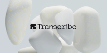The word Transcribe alongside the Cohere logotype, all in black. In the background - off white abstract pebble shapes.
