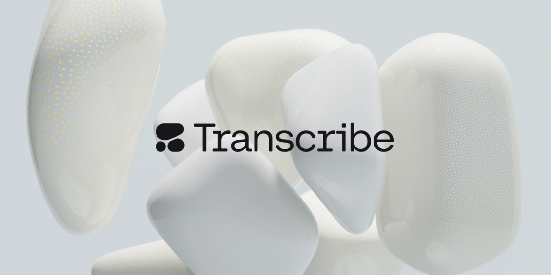 The word Transcribe alongside the Cohere logotype, all in black. In the background - off white abstract pebble shapes.