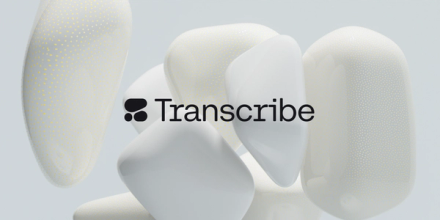 The word Transcribe alongside the Cohere logotype, all in black. In the background - off white abstract pebble shapes.