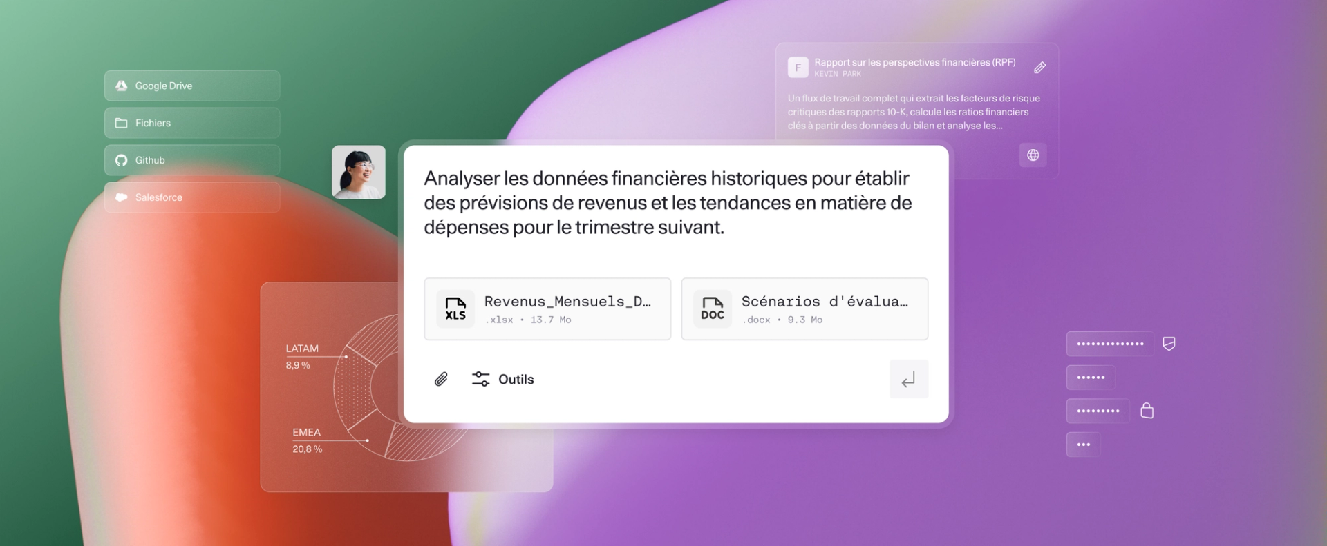 Interface affichant des invites d’analyse de données financières avec des fichiers XLSX et DOCX joints, ainsi que les icônes de Google Drive, GitHub et Salesforce sur un arrière-plan coloré dégradé.