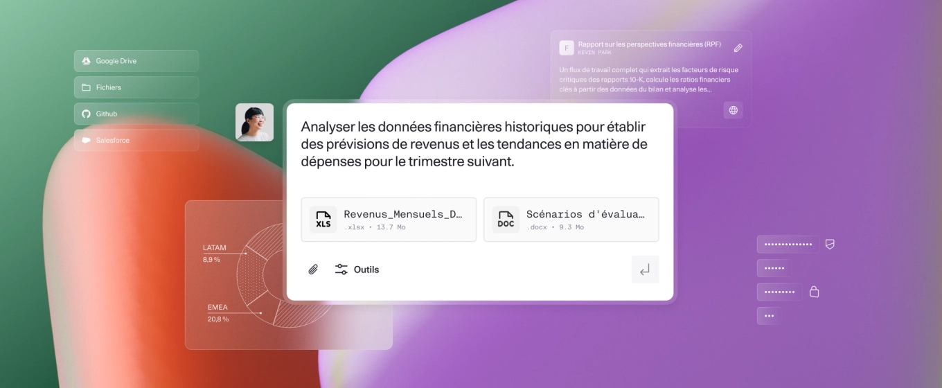 Interface showing financial data analysis prompt with attached XLSX and DOCX files, plus Google Drive, GitHub, and Salesforce icons on a colorful gradient background.