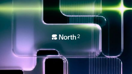 North 2 juxtaposed on a purple, green, and black background